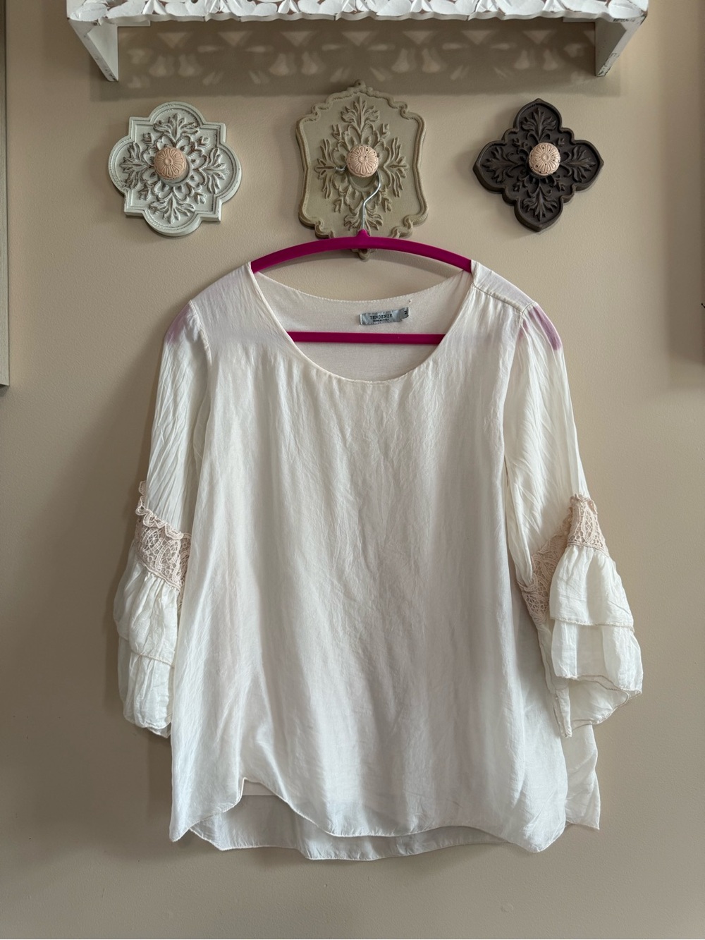 Tendenze Light Cream Lace-Trim Ruffle Sleeve Silk Blouse made in Italy M